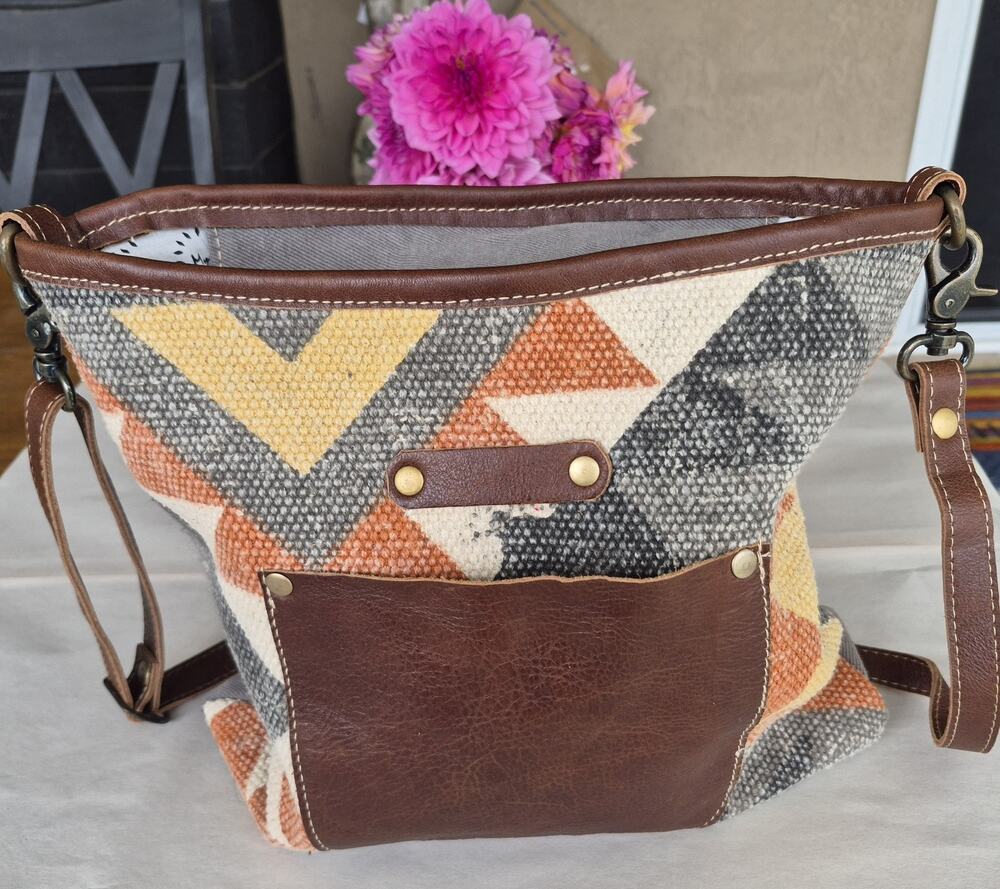 Myra Bag Angle-Tangle Shoulder Multicolor Geometric Canvas Leather Accent